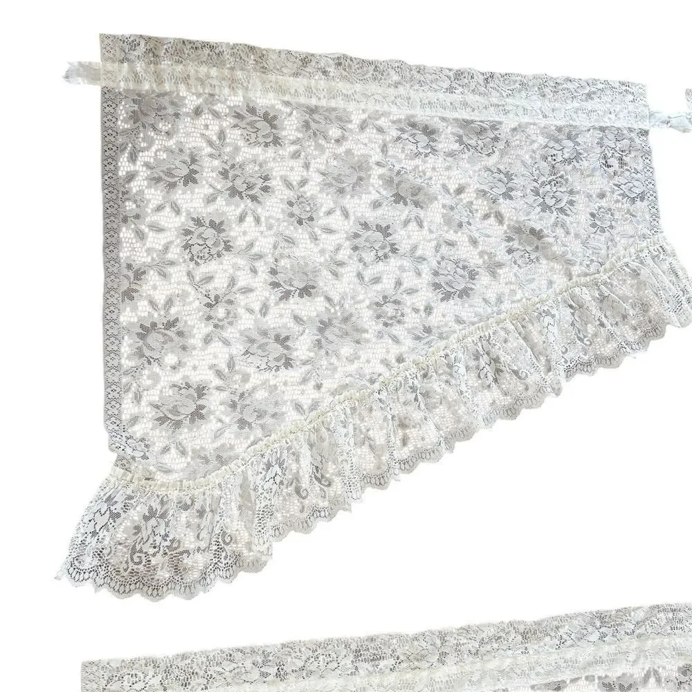 Vintage 4 Panels Burlington Floral Lace Triangle Valances Ruffle Trim Off White